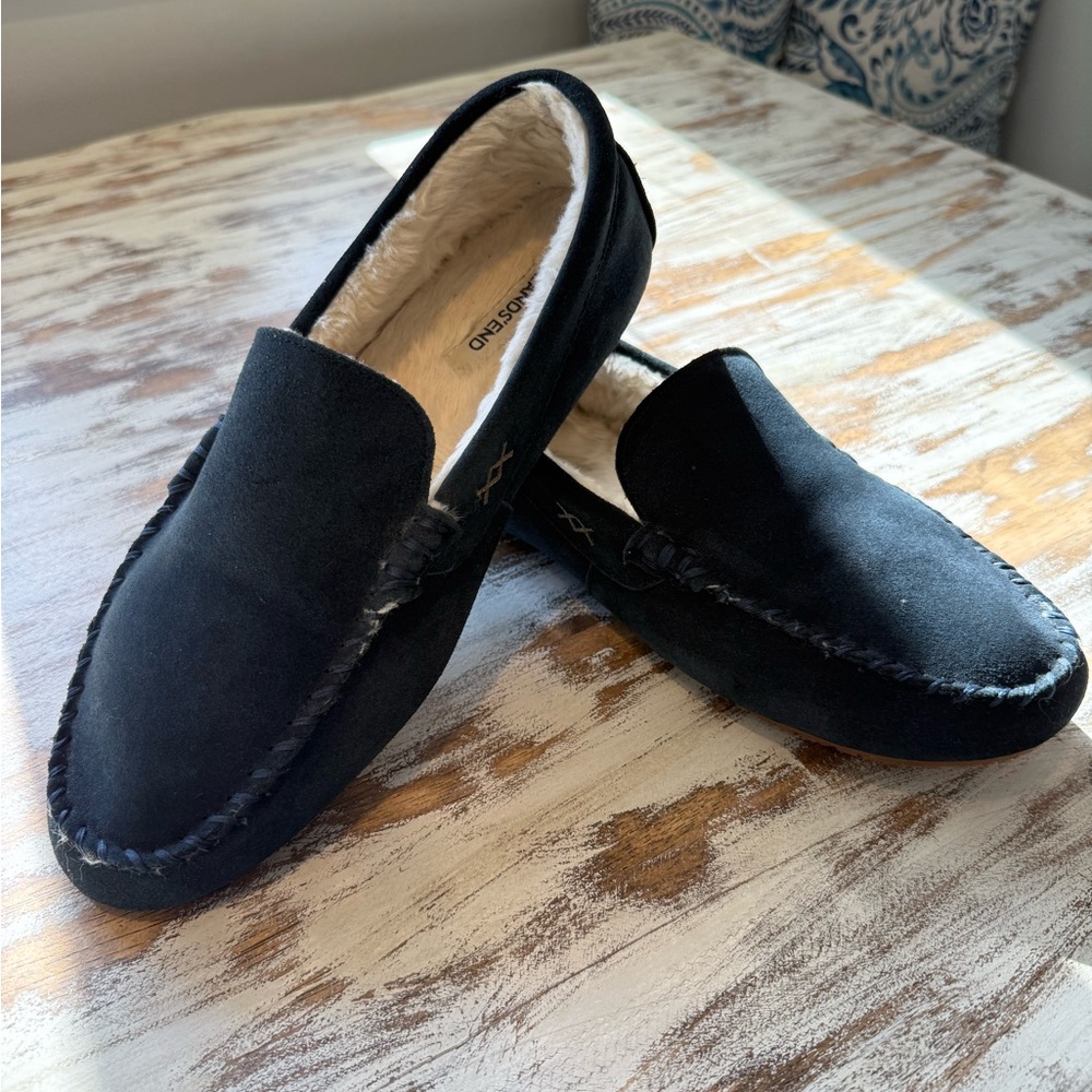 Lands' End Suede Men's Moccasin 9 Loafers Slippers Blue with Hard Sole